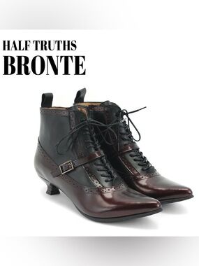 John Fluevog Discontinued Half Truths Bronte Burgundy Black Leather Boots Size 9